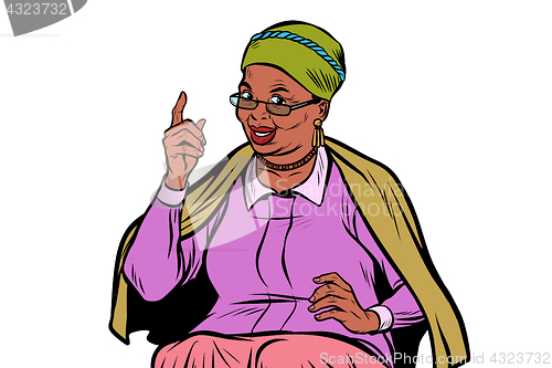 Image of African elderly woman pointing finger up, isolate on white backg