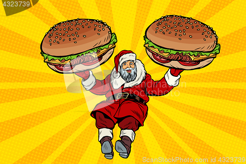 Image of Santa Claus with two burgers, fast food delivery gift