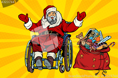 Image of disabled Santa Claus is in a wheelchair, Christmas gifts