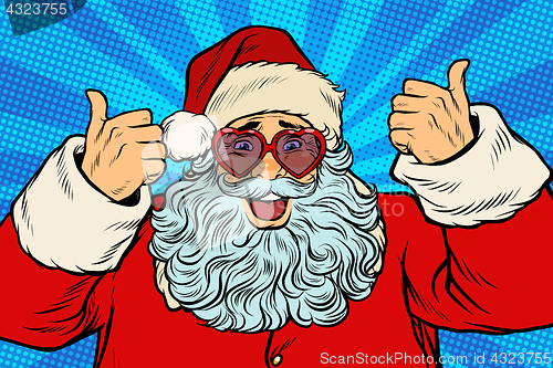 Image of Thumbs up Santa Claus in pink heart glasses