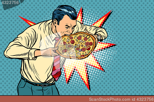 Image of businessman bites pizza