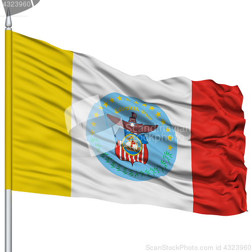 Image of Columbus Flag on Flagpole, Waving on White Background
