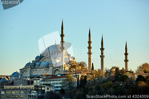 Image of The Suleymaniye Mosque is an Ottoman imperial mosque in Istanbul, Turkey. It is the largest mosque in the city.