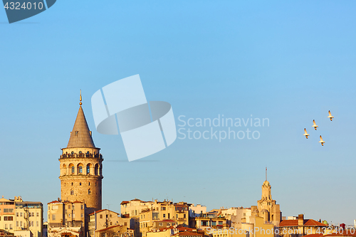 Image of Istanbul cityscape in Turkey with Galata Tower, 14th-century city landmark in the middle.