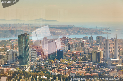 Image of Urban landscape of European side of Istanbul and Bosphorus Strait on a horizon. Modern part of city with business towers of international corporations, skyscrapers and shopping malls of the city.