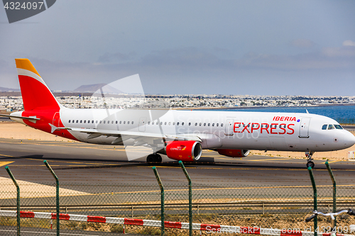 Image of ARECIFE, SPAIN - APRIL, 15 2017: AirBus A321 of IBERIA with the 