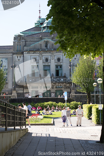 Image of BERGEN, NORWAY - MAY 27, 2017: The inhabitants of Bergen enjoy t