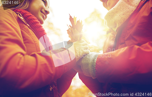 Image of close up of happy couple with autumn maple leaves