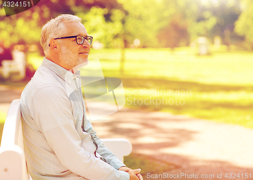 Image of happy senior man in glasses sitting at summer park