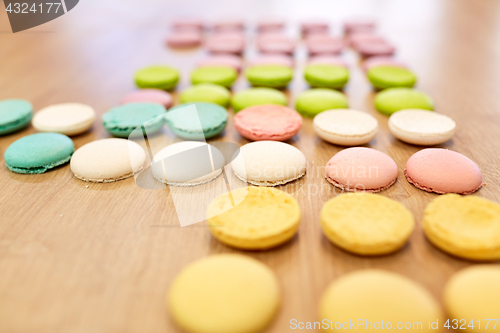 Image of macarons on table at confectionery or bakery