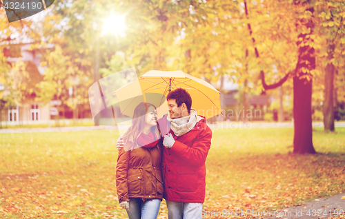 Image of smiling couple with umbrella in autumn park