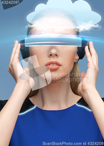 Image of woman in virtual reality 3d glasses with cloud