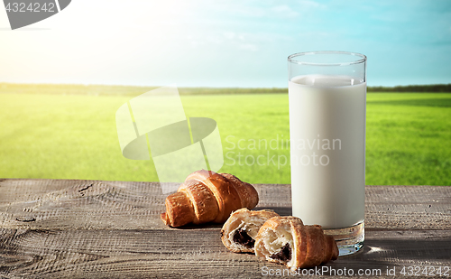 Image of Glass of milk on rustic table with croissants