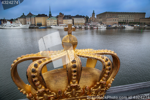 Image of Skeppsholmsbron (Skeppsholm Bridge) with Golden Crown on a bridg