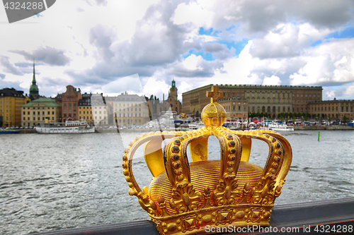 Image of Skeppsholmsbron (Skeppsholm Bridge) with Golden Crown on a bridg