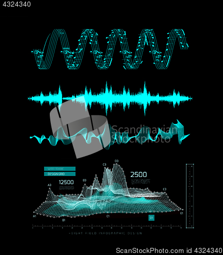 Image of Graphic musical equalizer, sound waves, on a black background