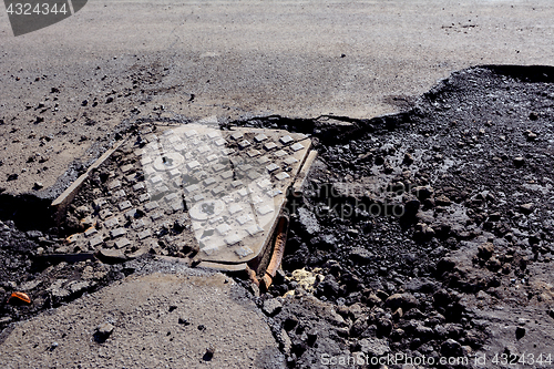 Image of Damaged manhole cover on a road with broken tarmac