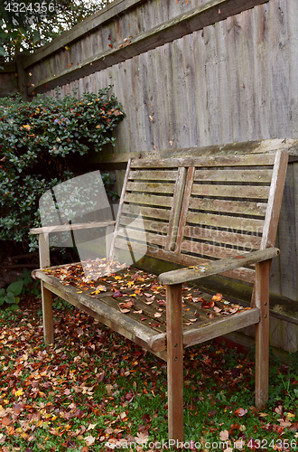 Image of Rustic wooden bench covered in autumn leaves