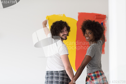 Image of multiethnic couple painting interior wall