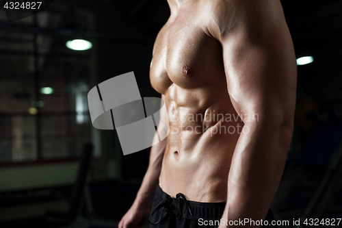 Image of close up of male body or bare torso in gym