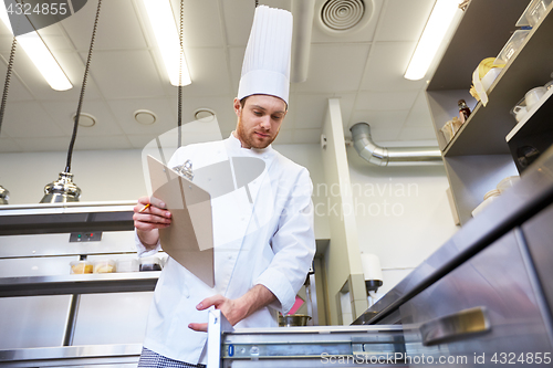 Image of chef with clipboard doing inventory at kitchen