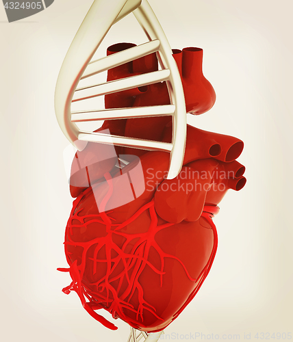 Image of DNA and heart. 3d illustration. Vintage style.