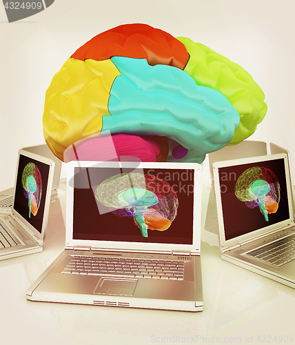 Image of Computers connected to central brain. 3d render. Vintage style.