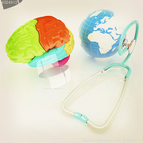 Image of stethoscope, globe, brain - global medical concept. 3d illustrat