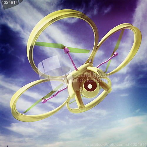 Image of Drone, quadrocopter, with photo camera against the sky. 3D illus