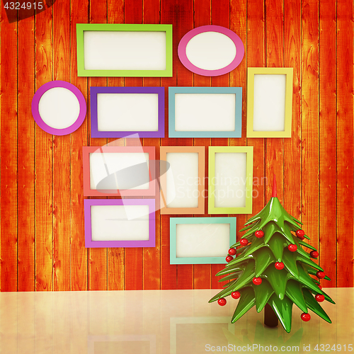Image of Mock up poster on the wood wall with christmas tree and decorati
