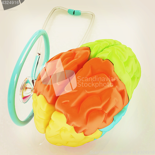 Image of stethoscope and brain. 3d illustration. Vintage style.