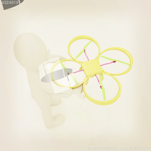 Image of 3d man with drone, quadrocopter, with photo camera. 3d render. 3