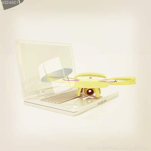 Image of Drone and laptop. 3D render. Vintage style.