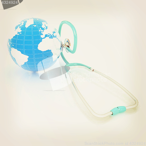 Image of stethoscope and globe.3d illustration. Vintage style.