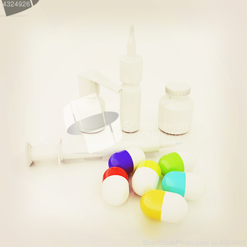 Image of Syringe, tablet, pill jar. 3D illustration. Vintage style.