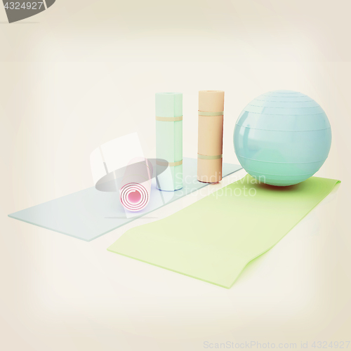 Image of karemat and fitness ball. 3D illustration. Vintage style.