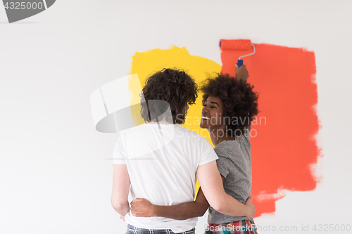 Image of multiethnic couple painting interior wall