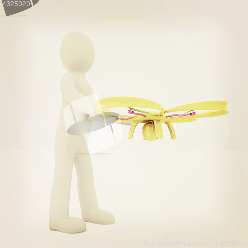 Image of 3d man with drone, quadrocopter, with photo camera. 3d render. 3