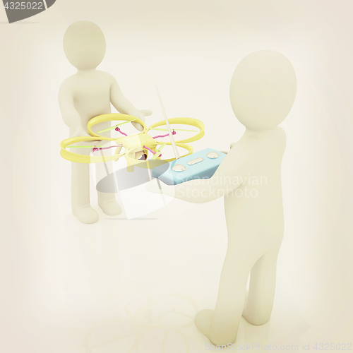 Image of 3d man with drone, quadrocopter, with photo camera. 3d render. 3