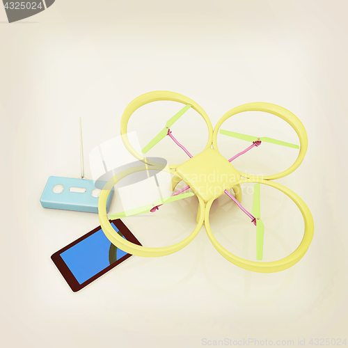 Image of Drone, remote controller and tablet PC. Vintage style.