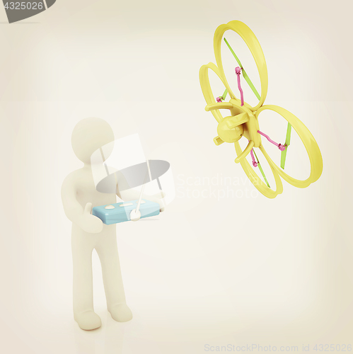 Image of 3d man with drone, quadrocopter, with photo camera. 3d render. 3