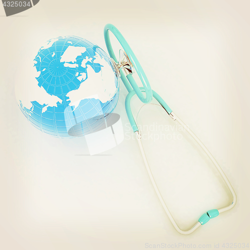 Image of Stethoscope and Earth.3d illustration. Vintage style.