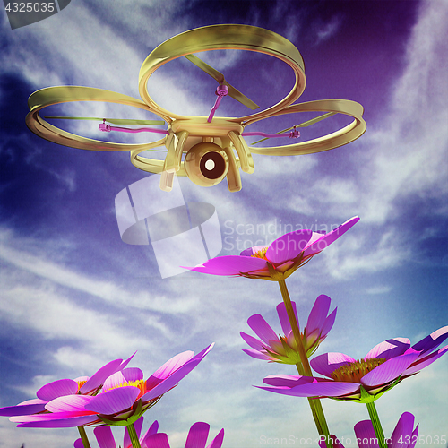 Image of Drone, quadrocopter, with photo camera against the sky and Beaut