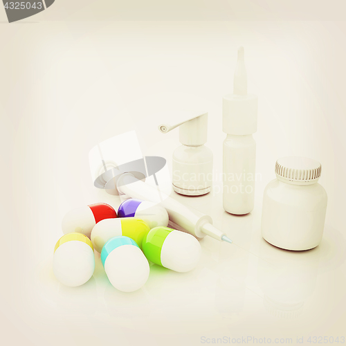 Image of Syringe, tablet, pill jar. 3D illustration. Vintage style.