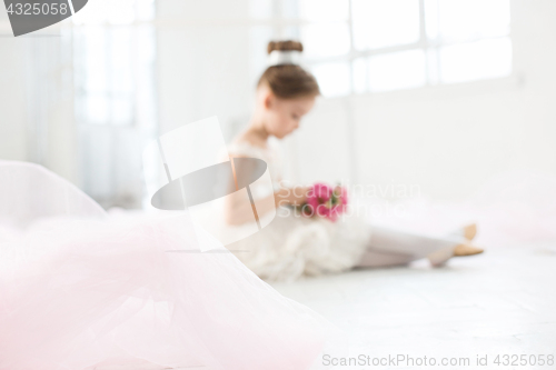 Image of The little balerina in white tutu in class at the ballet school