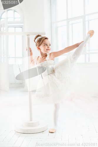 Image of Little ballerina girl in a tutu. Adorable child dancing classical ballet in a white studio.
