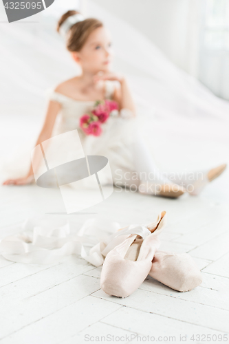 Image of The little balerina in white tutu in class at the ballet school