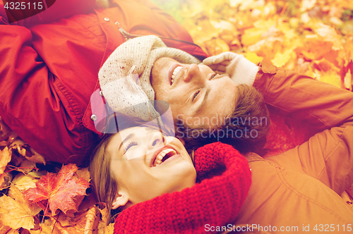 Image of close up of smiling couple lying on autumn leaves