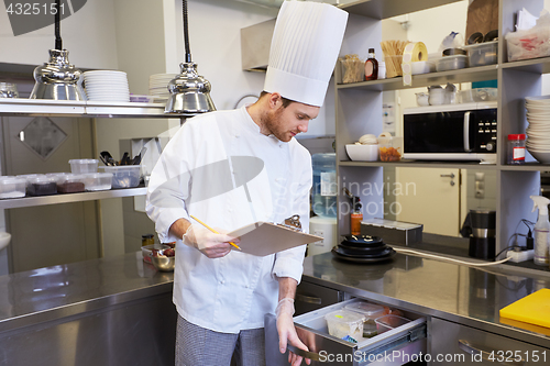 Image of chef with clipboard doing inventory at kitchen