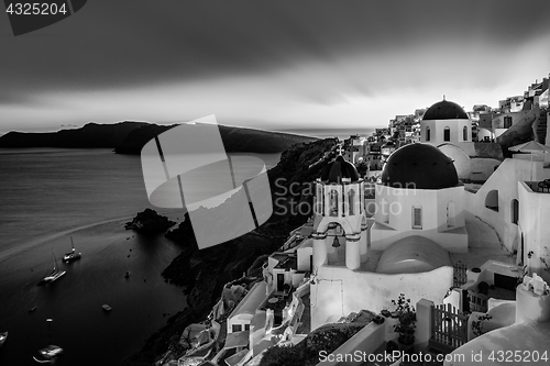 Image of Traditional greek village of Oia in black and white, Santorini island, Greece.